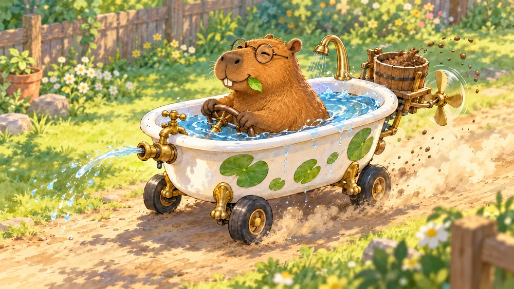 Cappy no veículo Banheira Turbo, em uma ilustração do jogo.