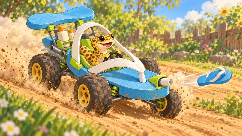 Léko no veículo Buggy chinelo, em uma ilustração do jogo.